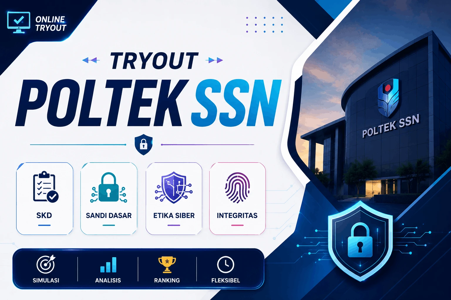 Cover materi untuk Tryout Poltek SSN - SKD, Sandi Dasar, Etika Siber, dan Integritas