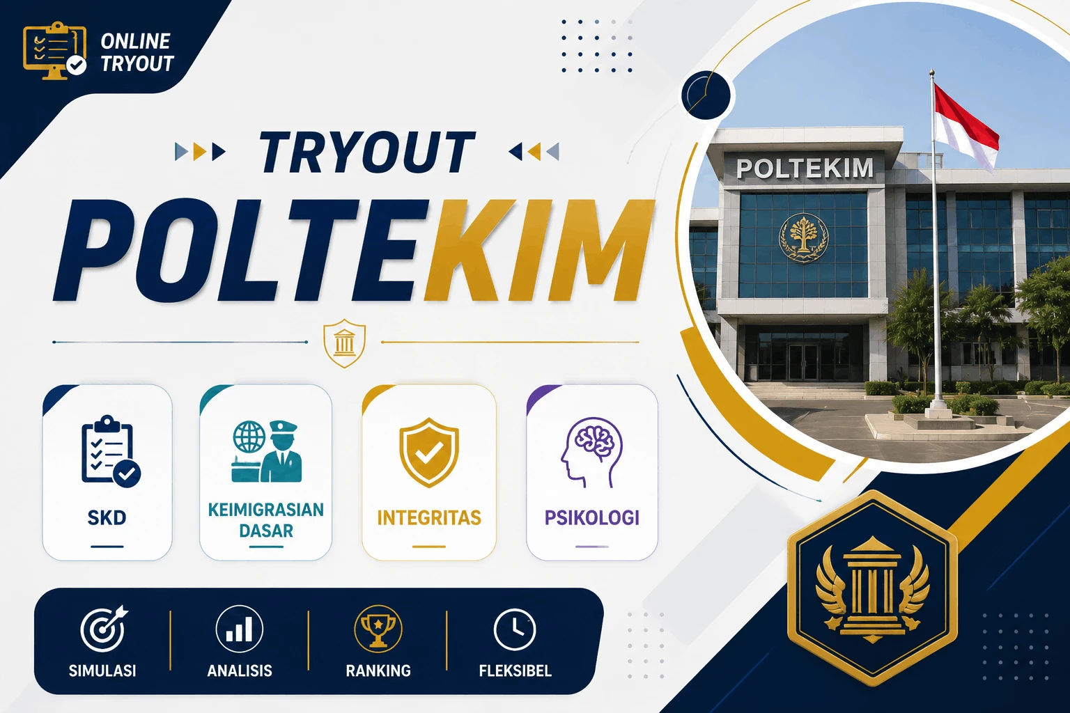 Cover materi untuk Tryout Poltekim - SKD, Keimigrasian Dasar, Integritas, dan Psikologi