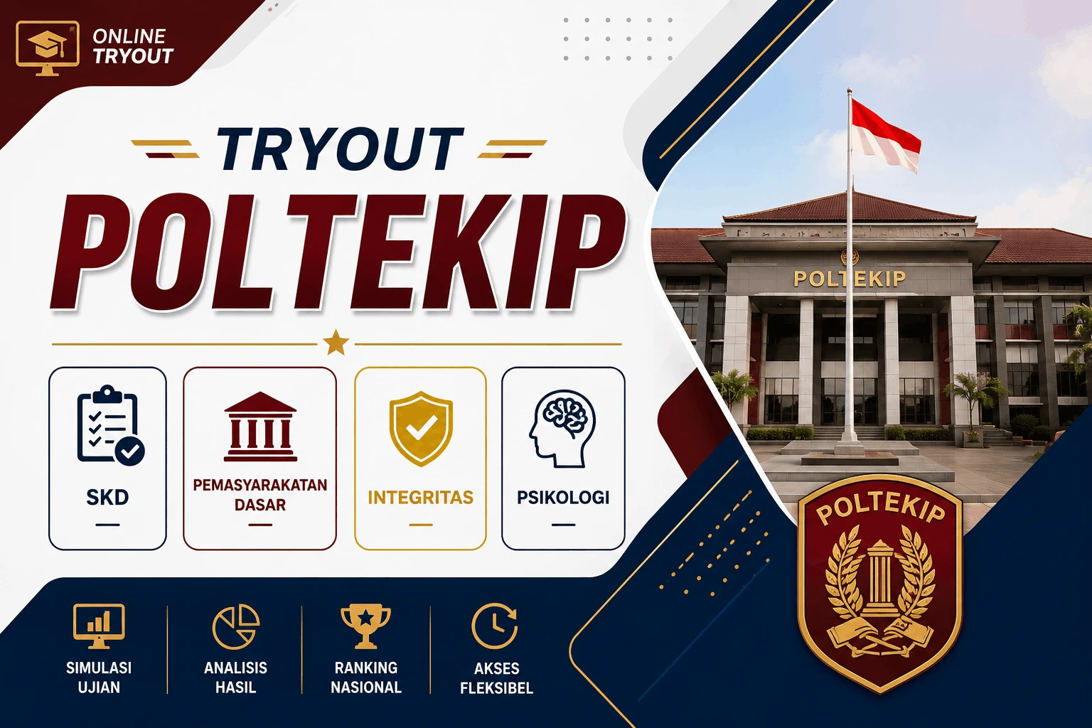 Cover materi untuk Tryout Poltekip - SKD, Pemasyarakatan Dasar, Integritas, dan Psikologi