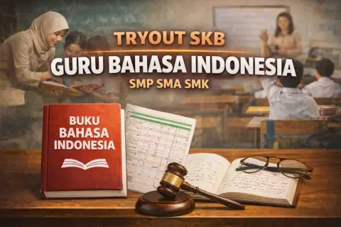 Cover materi untuk Tryout SKB Guru Bahasa Indonesia SMP, SMA, dan SMK (Linguistik, Sastra, dan Literasi)